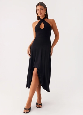 Velvet Sky Midi Dress - Black Daily Wear Hidden Zipper