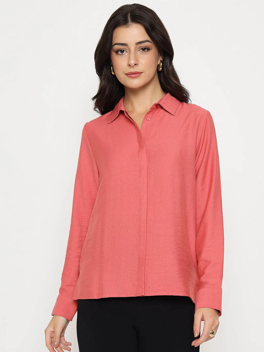 Hidden Button Placket Madame Textured Solid Brick Red Rayon Blend Shirt