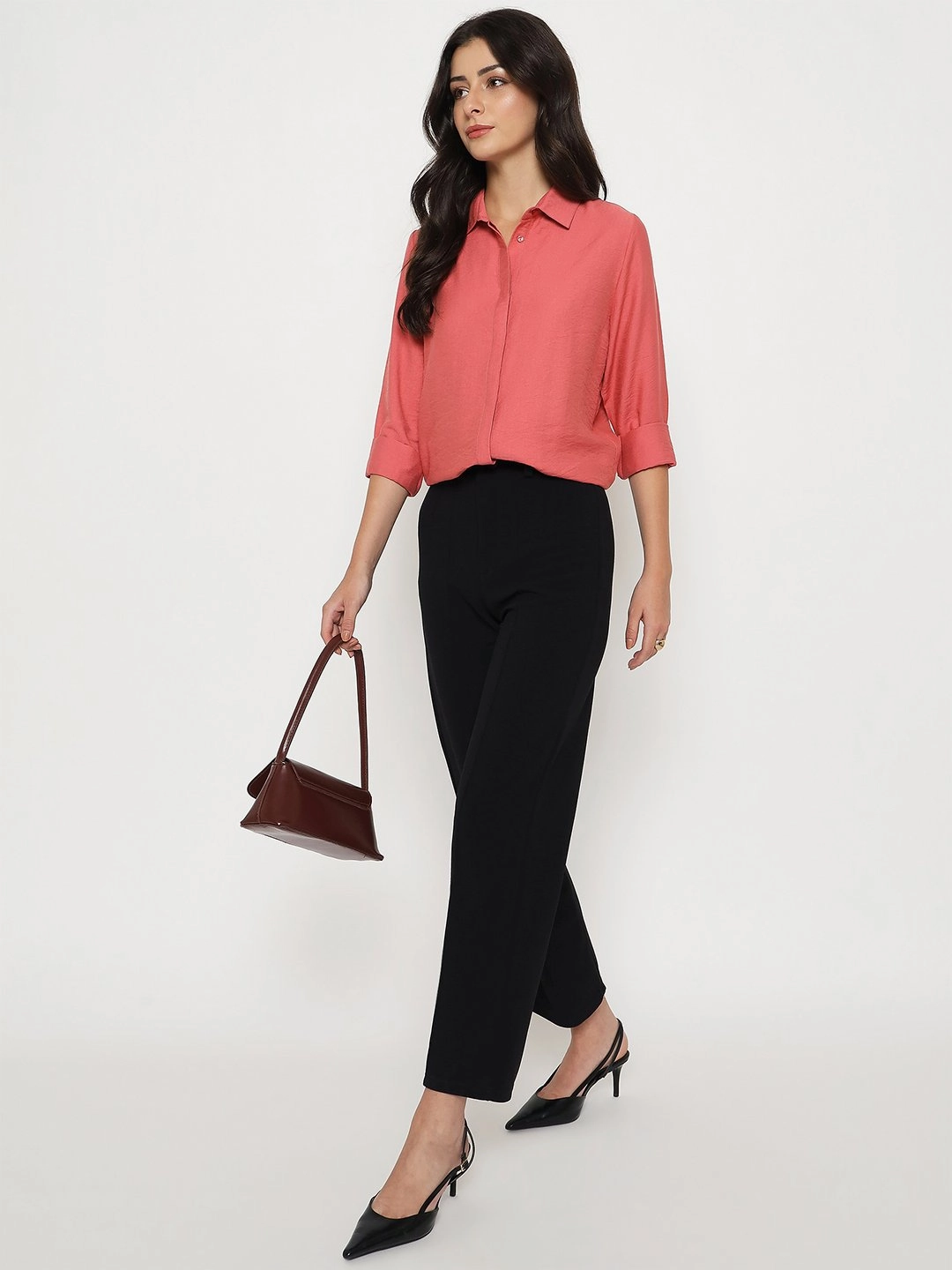 Madame Textured Solid Brick Red Rayon Blend Shirt Roll-Up Sleeve Coastal Vibes