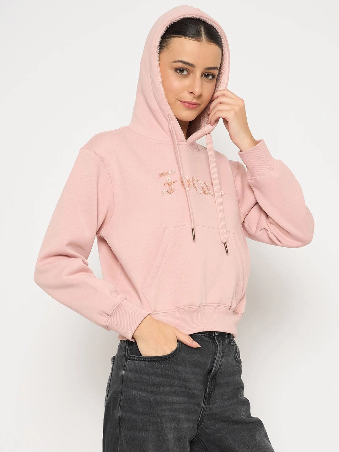 Casual Layer product surfing suitability Madame Fleece Placement Printed Handwork Detailed Dusty Pink Sweatshirt