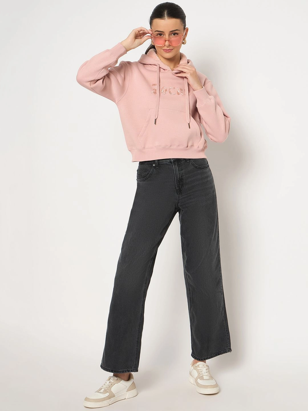Madame Fleece Placement Printed Handwork Detailed Dusty Pink Sweatshirt Long Sleeves product return policy