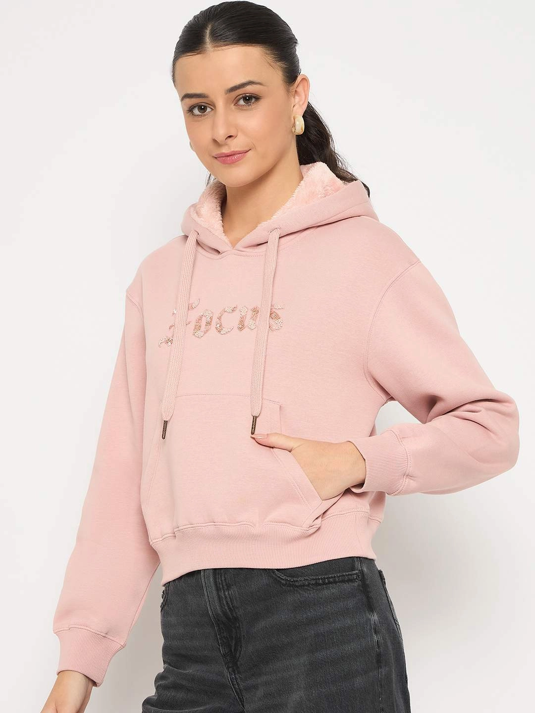 Madame Fleece Placement Printed Handwork Detailed Dusty Pink Sweatshirt Travel Bold