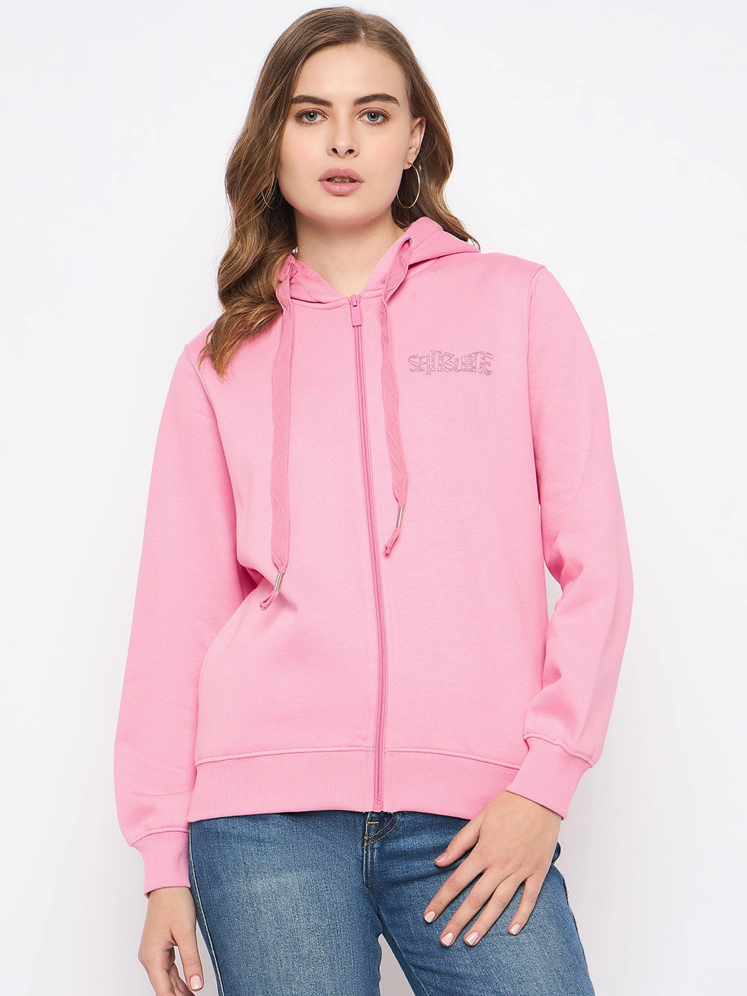 Oversized Design Madame Placement Print Detailed Pink Hooded Sweatshirt