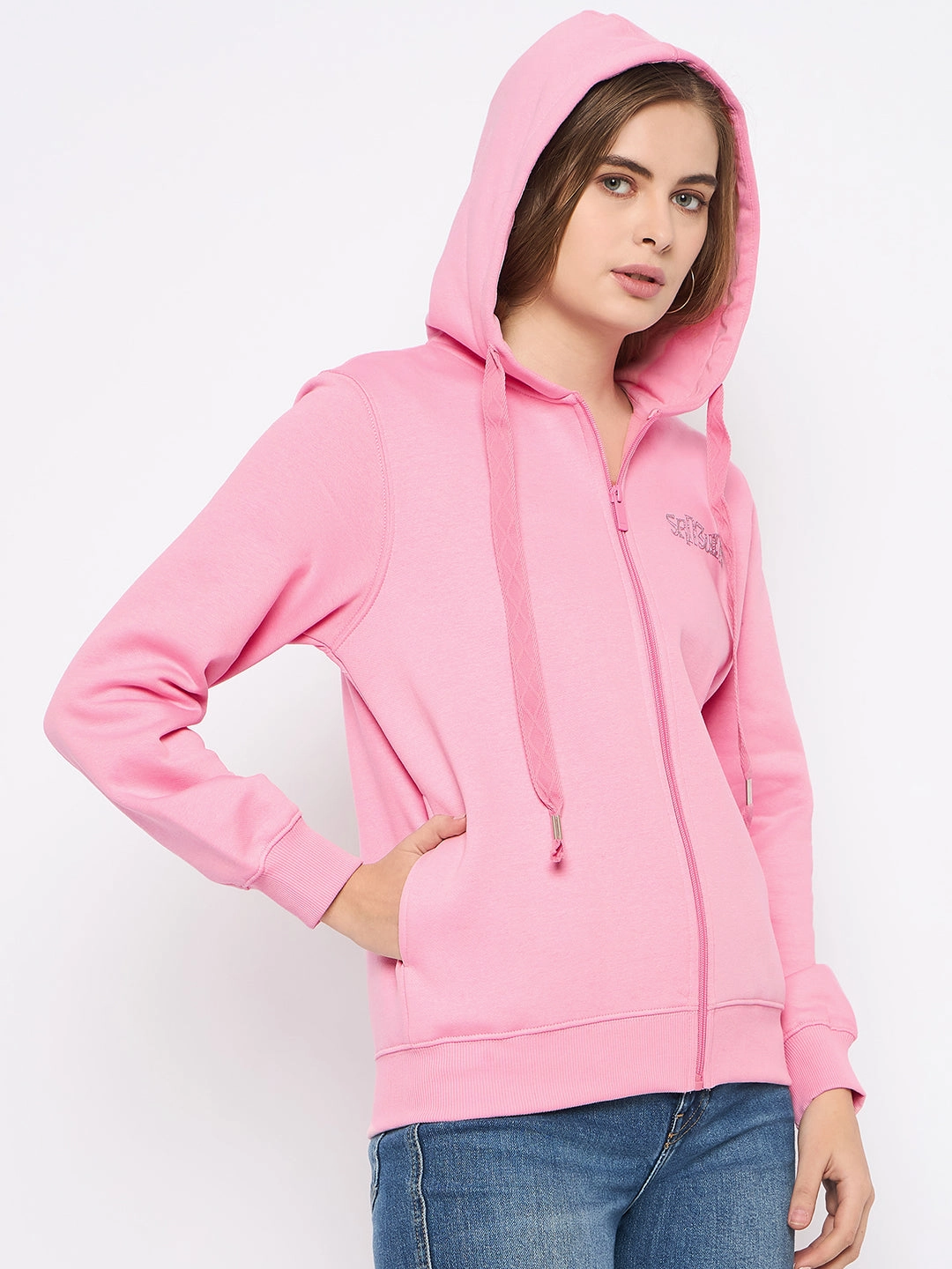 Madame Placement Print Detailed Pink Hooded Sweatshirt running suitable Solid Color