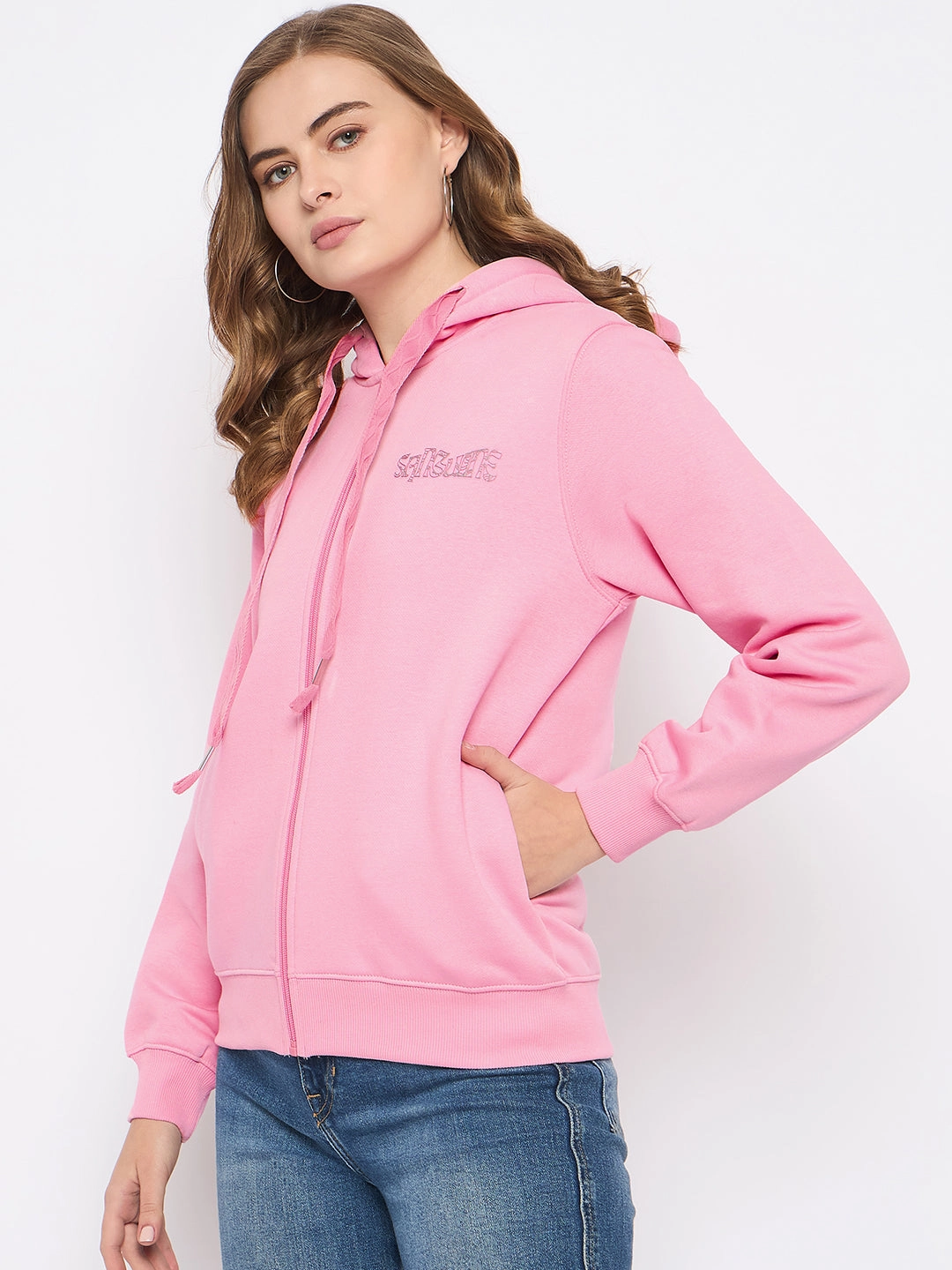 Comfy Layering couple wear Madame Placement Print Detailed Pink Hooded Sweatshirt