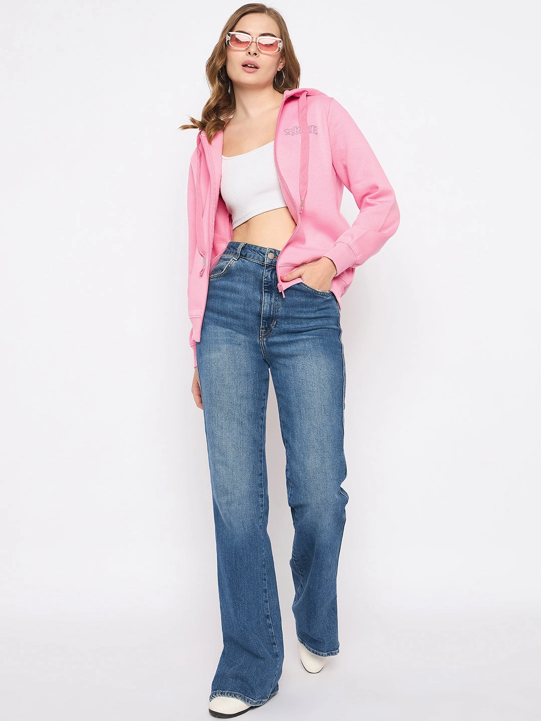 Minimalist Style Cozy Collection Madame Placement Print Detailed Pink Hooded Sweatshirt