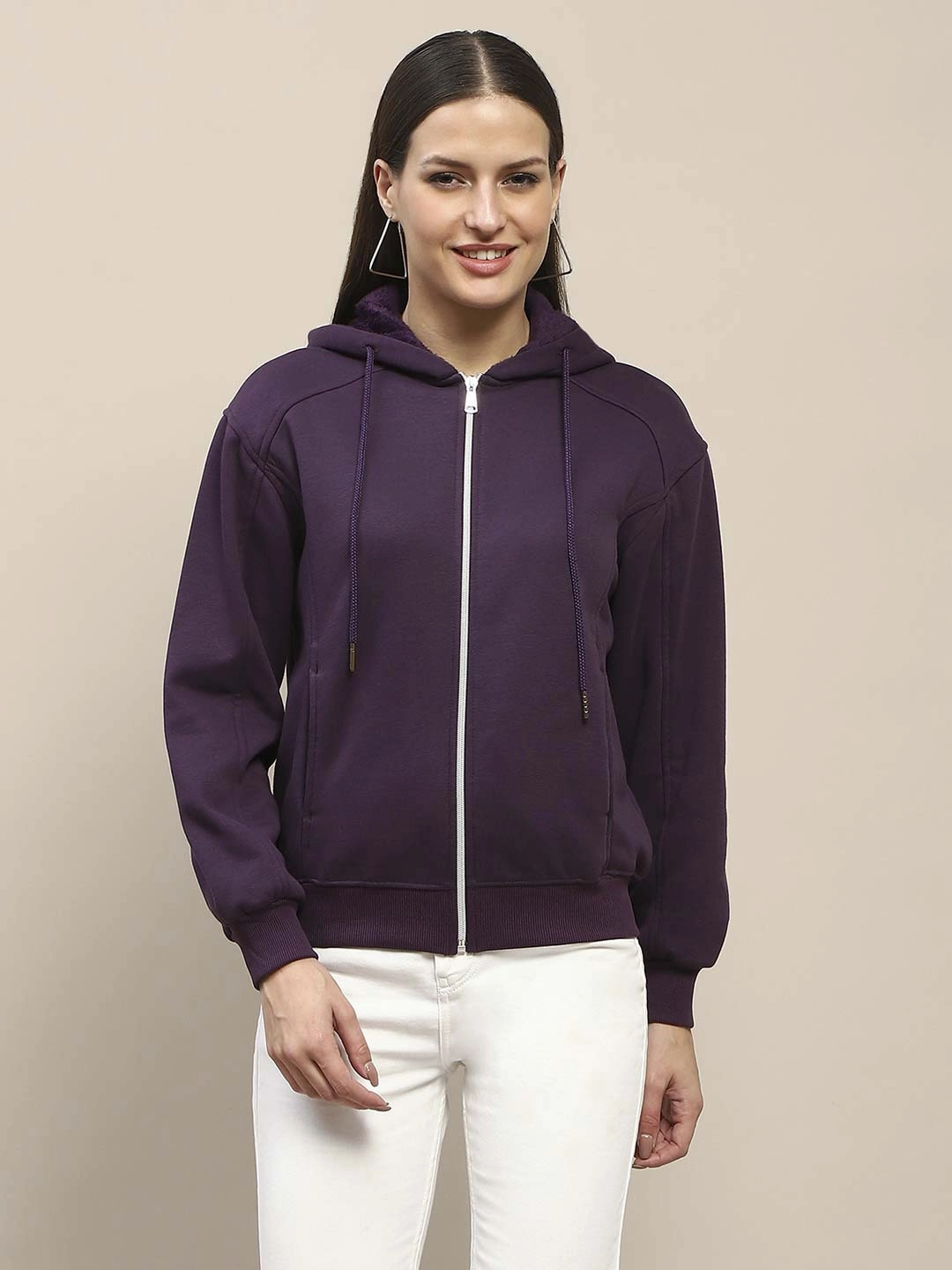 Madame Fleece Cut And Sew Detailed Zipped Purple Hoodie Warm Hoodie