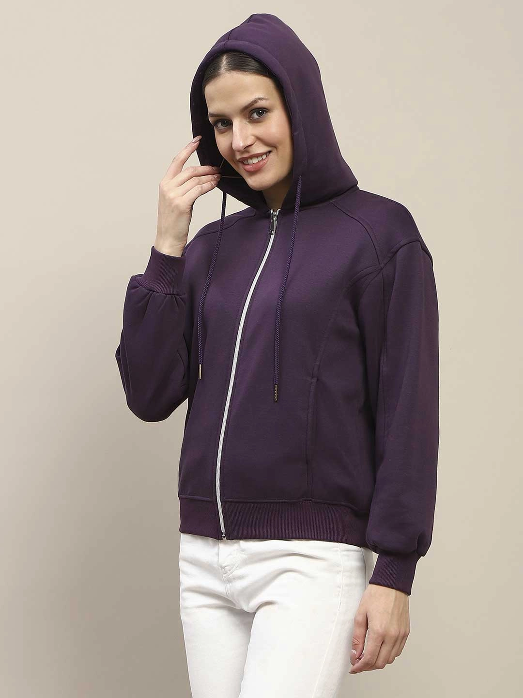 Comfortable Layers Breathable wear Madame Fleece Cut And Sew Detailed Zipped Purple Hoodie