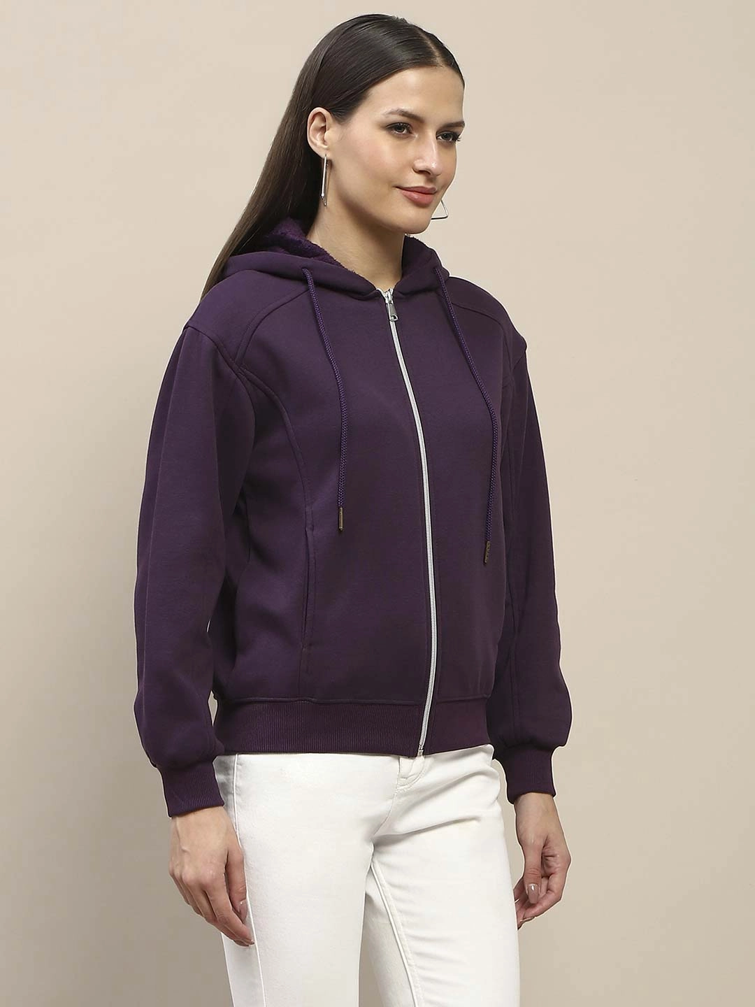 Quilted Lining Fitted Shape Madame Fleece Cut And Sew Detailed Zipped Purple Hoodie