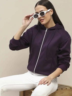 product high end luxury Long Sleeves Madame Fleece Cut And Sew Detailed Zipped Purple Hoodie