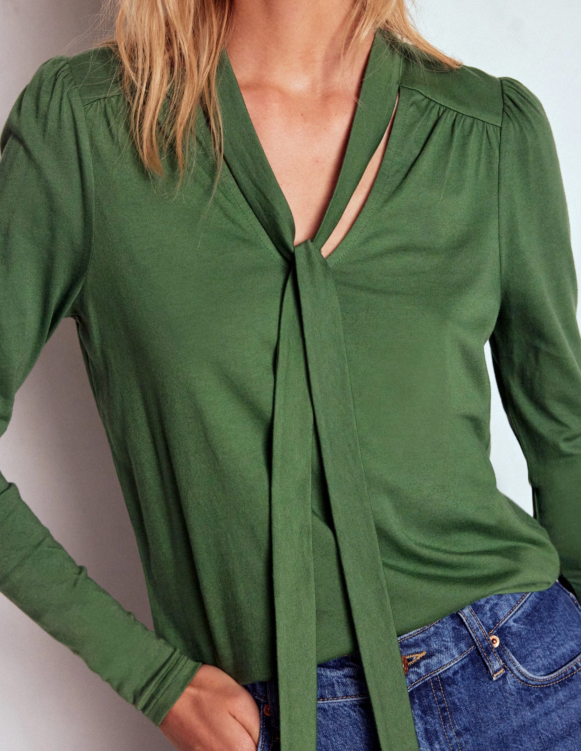 Tie Neck Supersoft Top-Hunter Green Button Down Collar Style