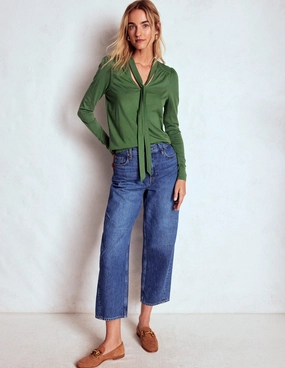 Ribbed Collar Design Tie Neck Supersoft Top-Hunter Green