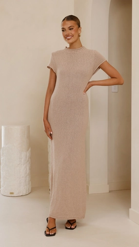 Crystal-Detail Flattering Shape Design Valise Maxi Dress - Mocha