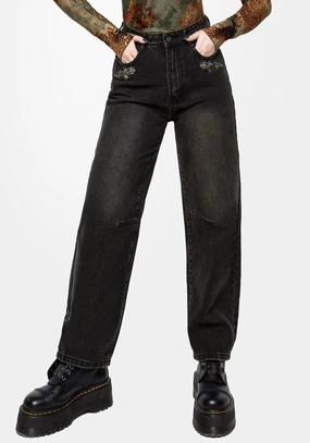 AbrasionGuardTape Chafe Free Veltha Floral Embroidered Denim Barrel Leg Jeans