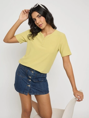 Madame Henley Neck Solid Mustard Yellow T-Shirt Relaxed Look Casual Performance