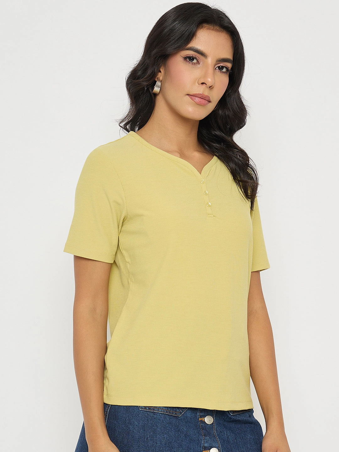 Madame Henley Neck Solid Mustard Yellow T-Shirt Kids clothing