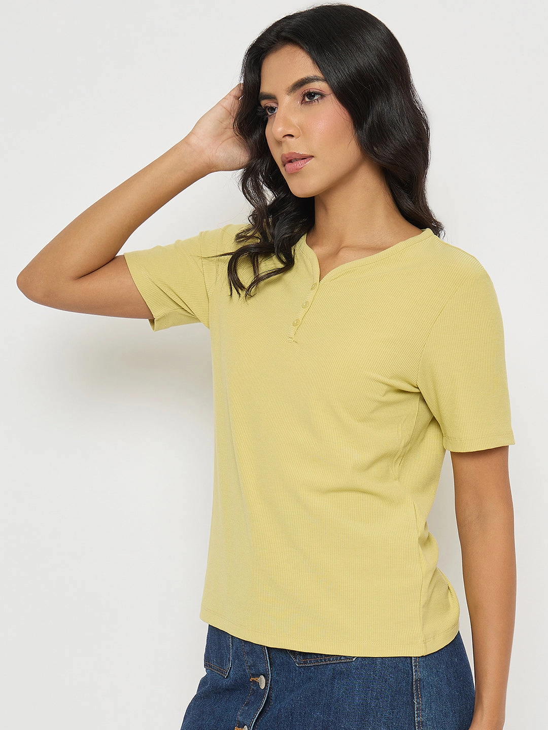 Light Fit Madame Henley Neck Solid Mustard Yellow T-Shirt