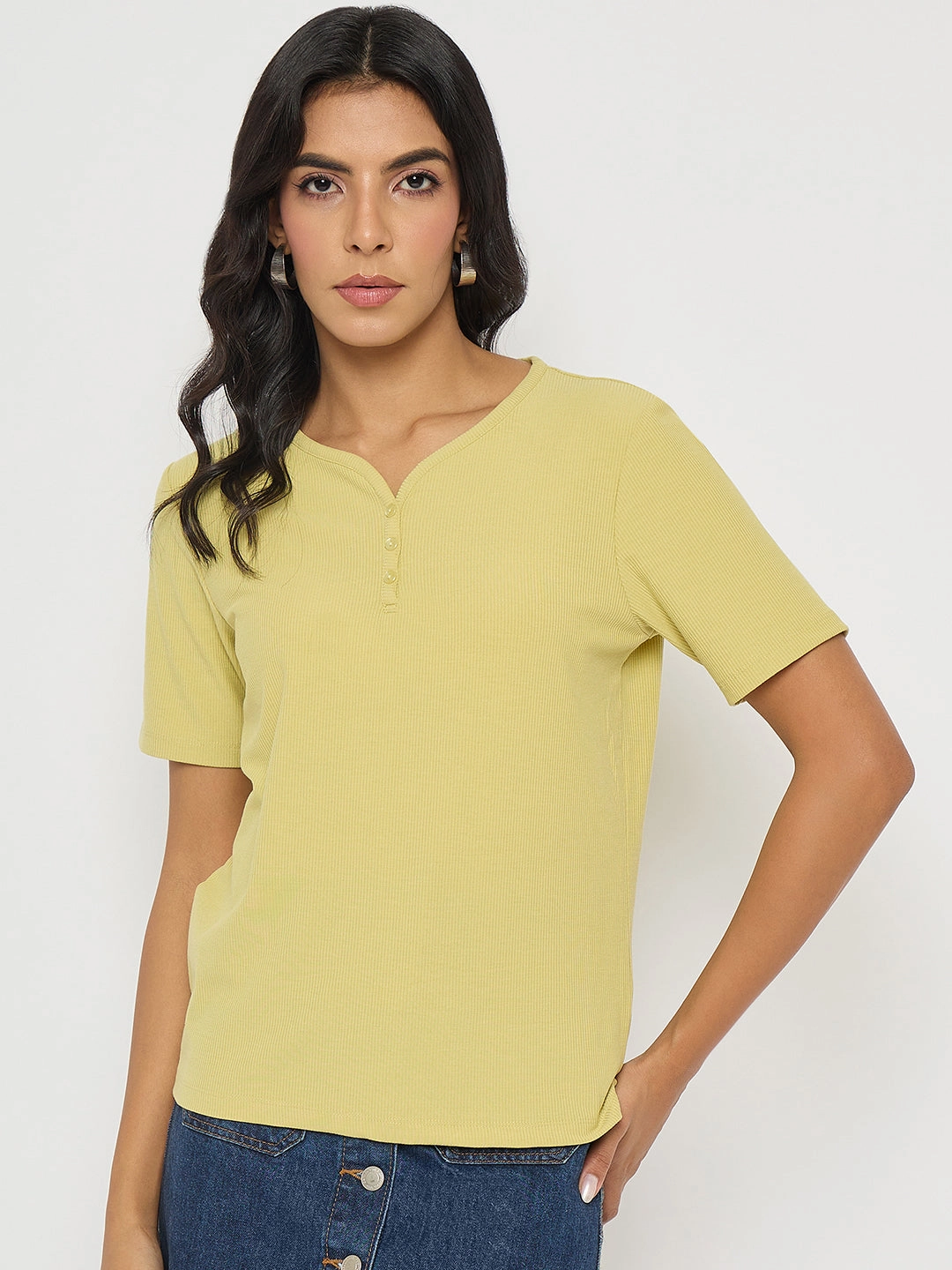 Weekend Smart Madame Henley Neck Solid Mustard Yellow T-Shirt