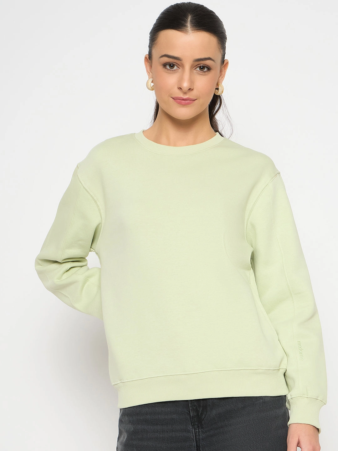 right for outdoor activities Two-Tone Design Madame Cotton Blend Solid Apple Green Sweatshirt