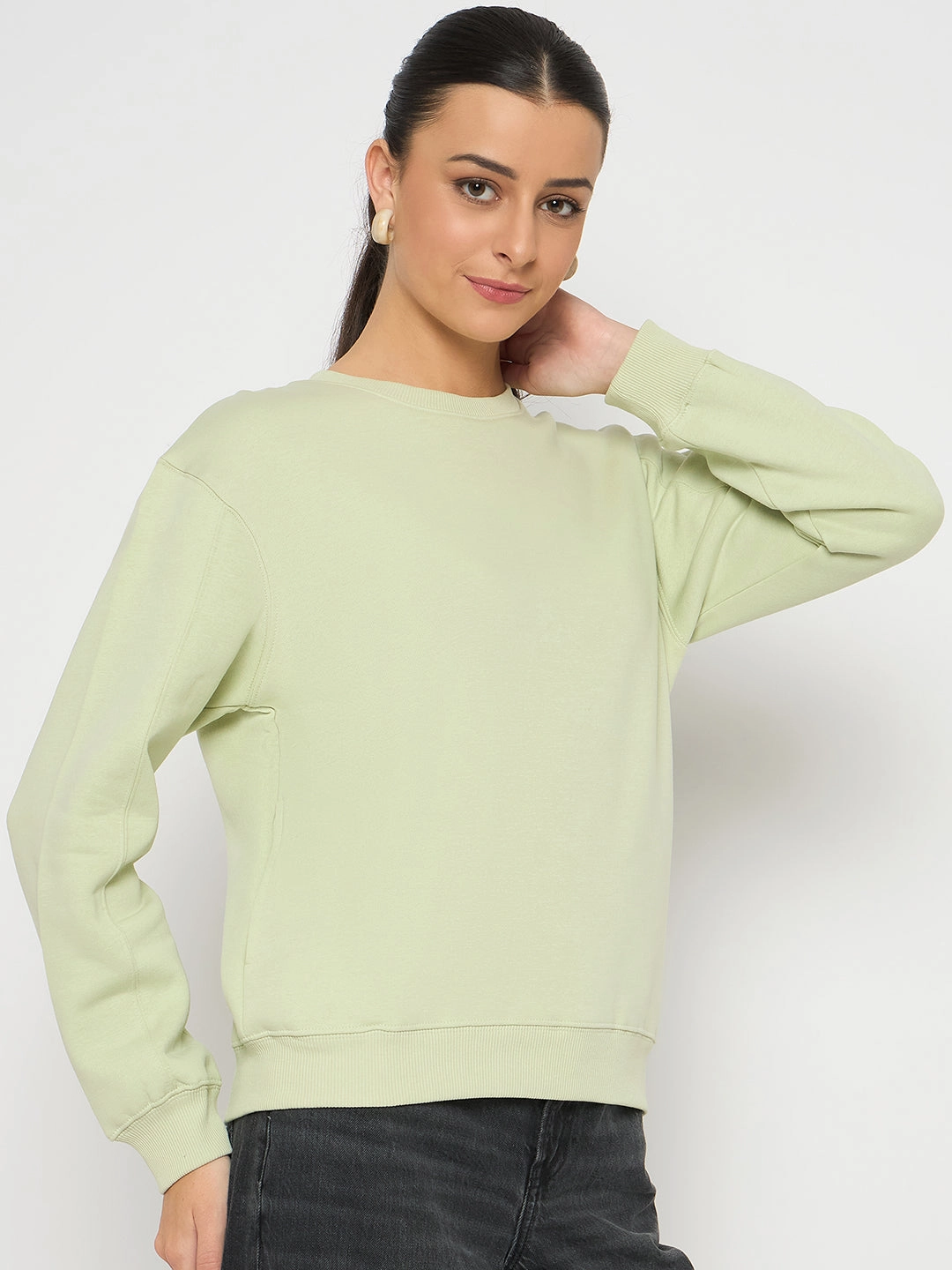 Madame Cotton Blend Solid Apple Green Sweatshirt product hook practicality
