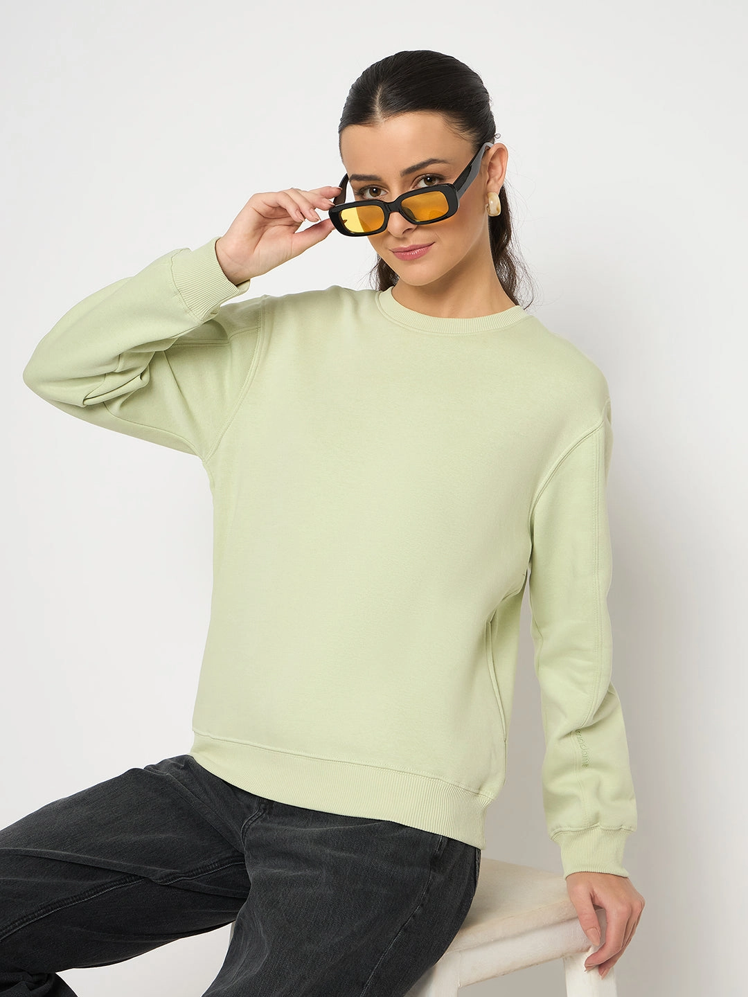 Personalized Soft Wearable Madame Cotton Blend Solid Apple Green Sweatshirt
