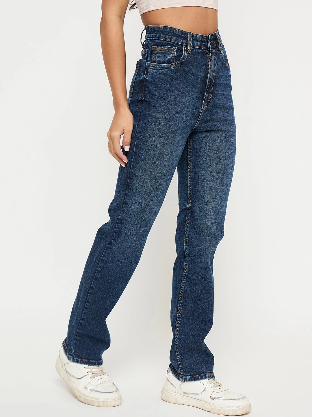 Pre Shrunk Fabric Madame Whiskered Dark Blue Cotton Blend Straight Jeans