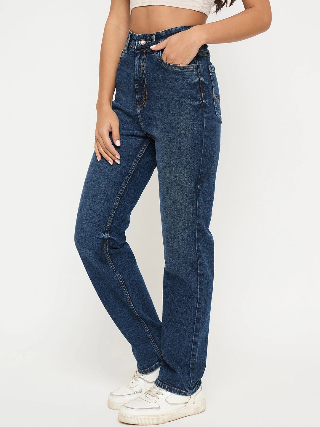 Madame Whiskered Dark Blue Cotton Blend Straight Jeans Cool Fit Sleek Option