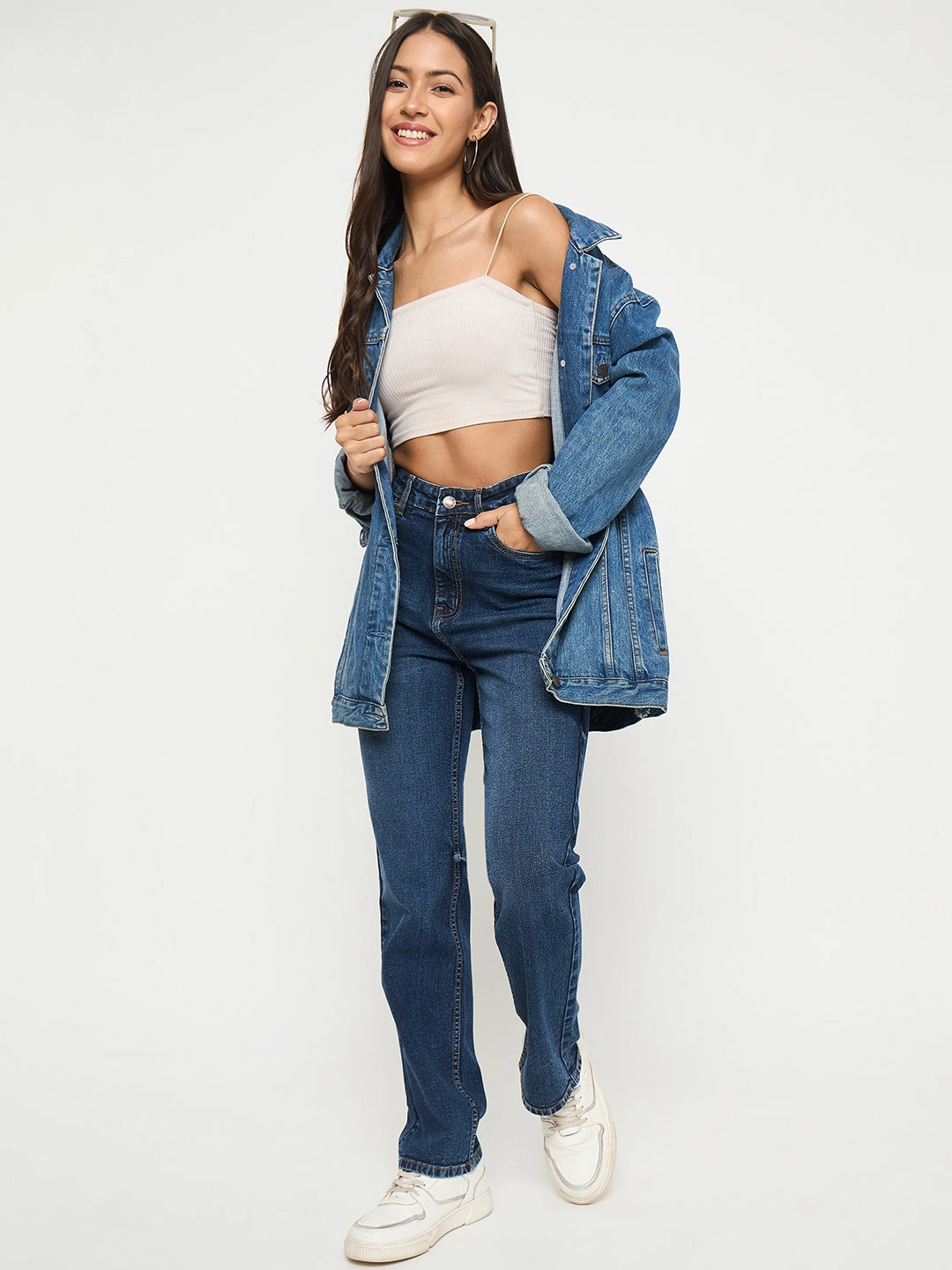 Madame Whiskered Dark Blue Cotton Blend Straight Jeans Layered Look Bold Earthy