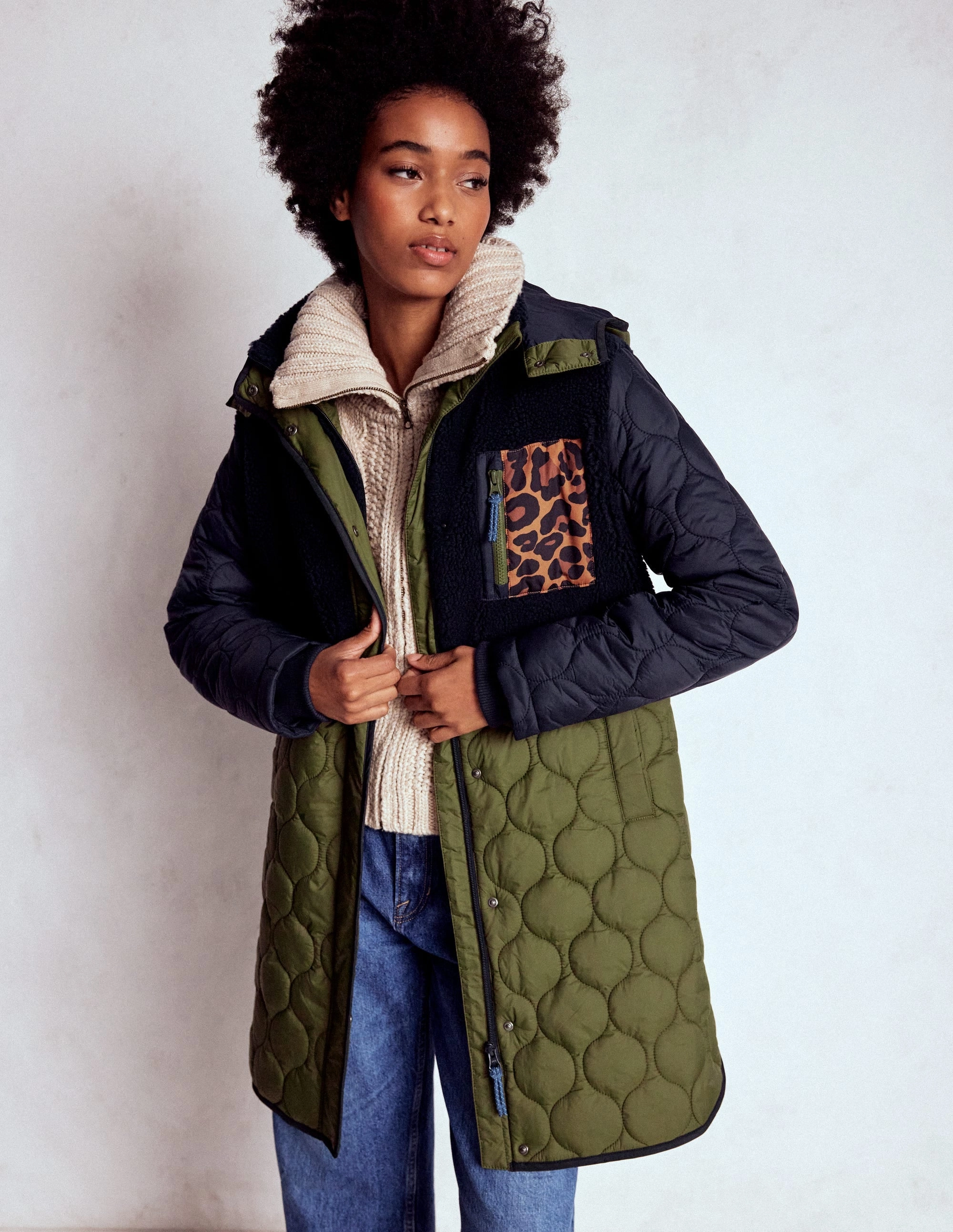 Matte Finish DetachableLining Borg Mix Coat-Navy & Khaki Mix