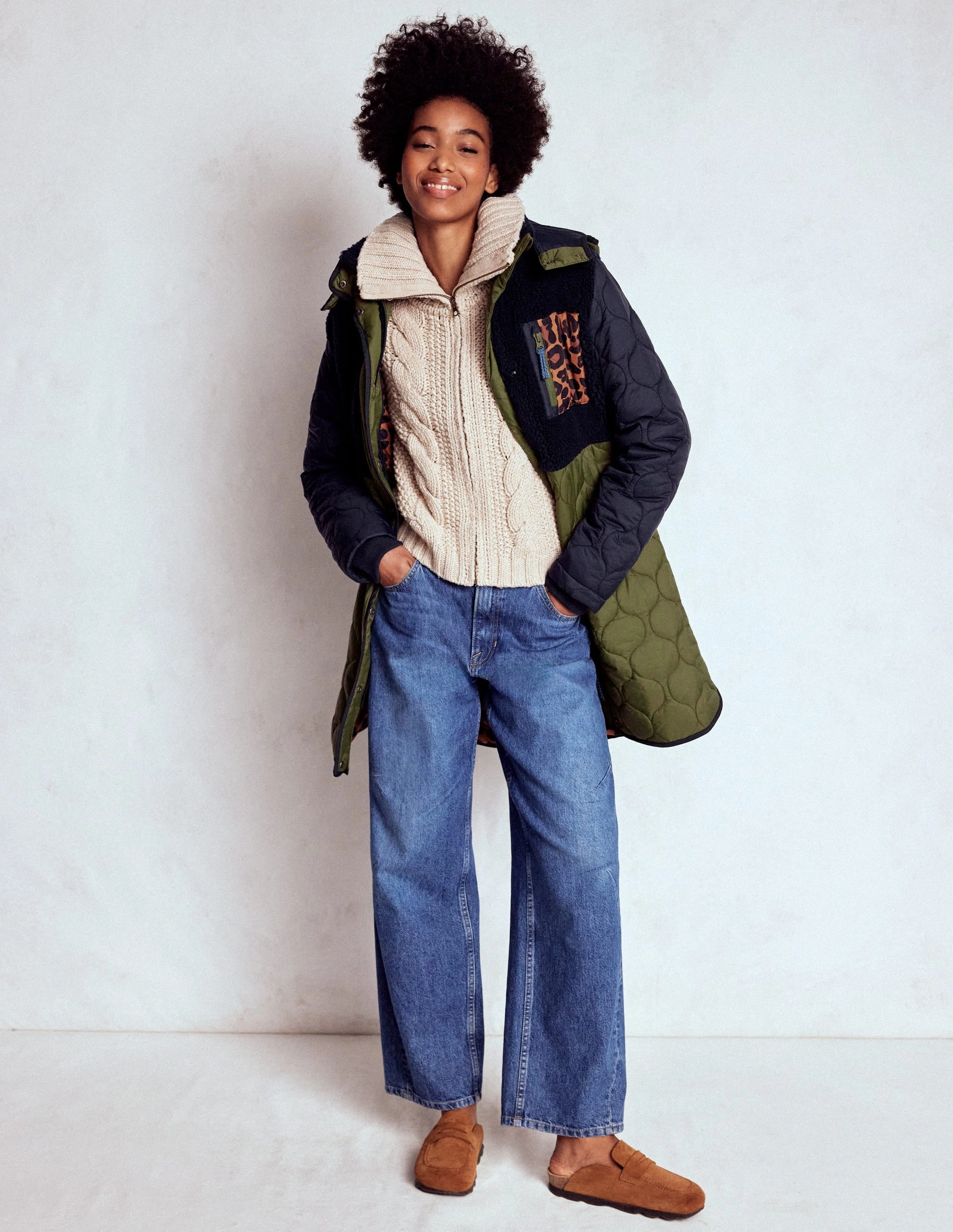 Light Day Jacket Pre Shrunk Cotton Blend Borg Mix Coat-Navy & Khaki Mix
