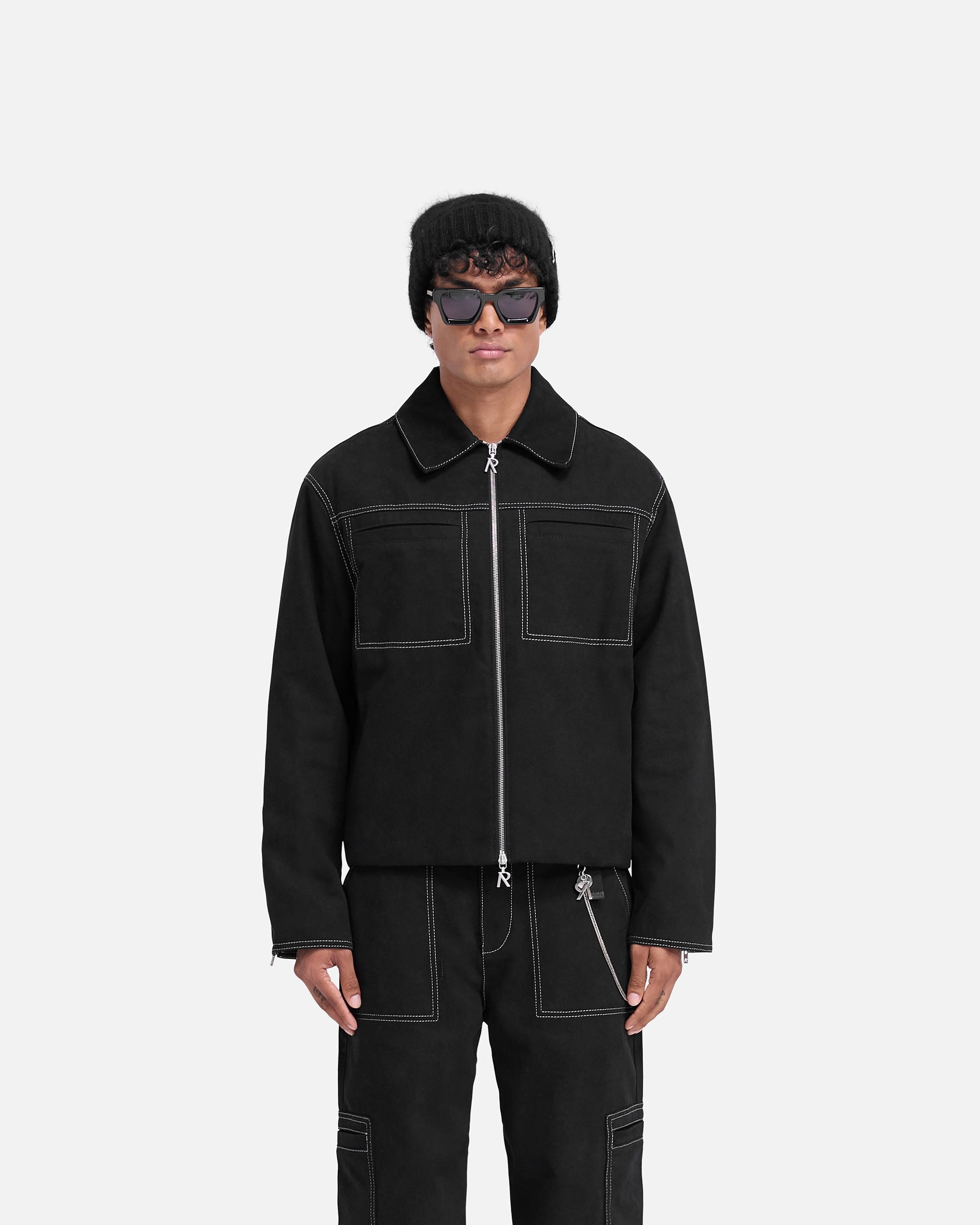 Contrast Stitch Smart Jacket - Jet Black Anti Static Weave Multi Pocket Utility