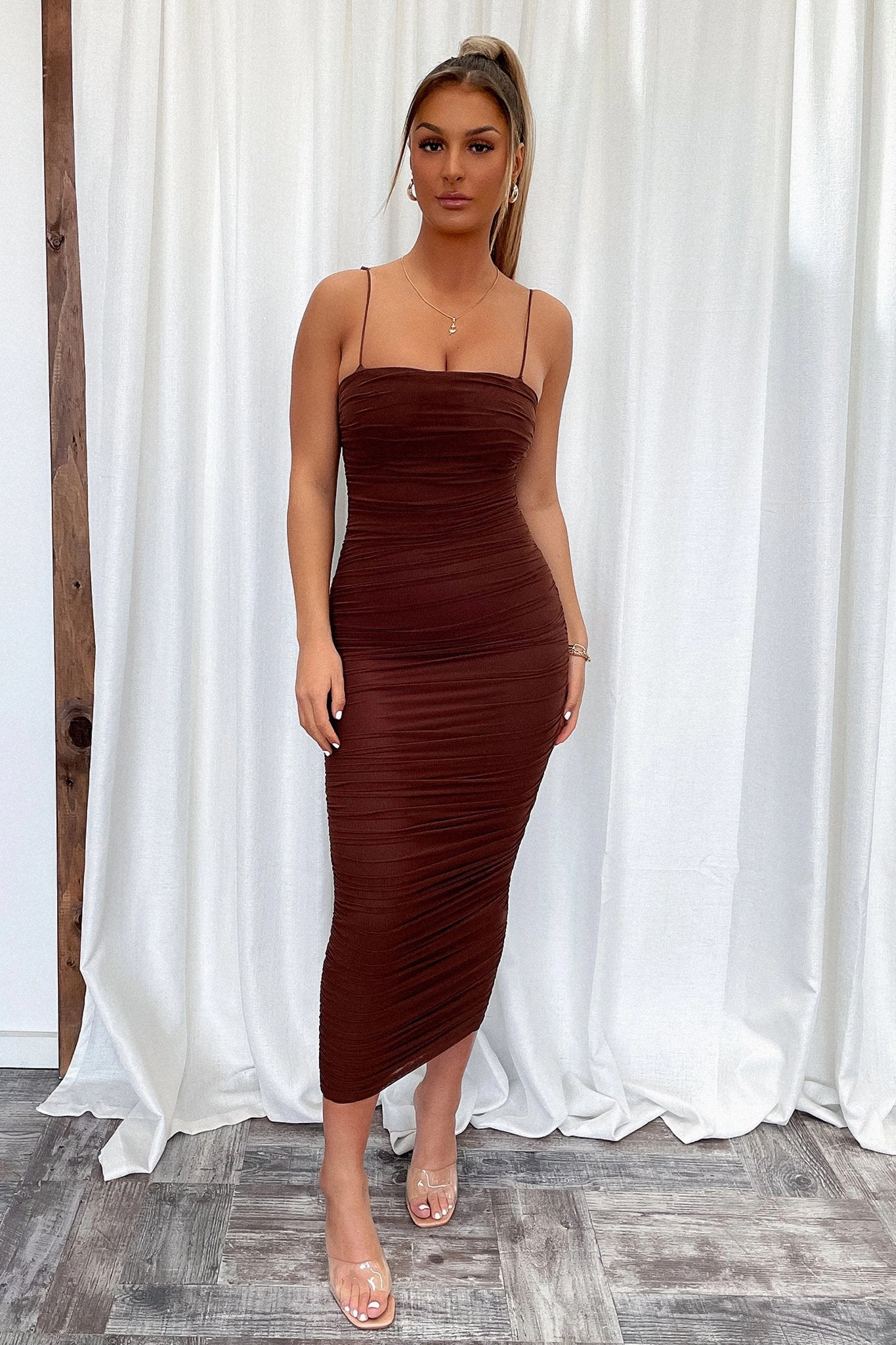 Zena Mesh Full Length Dress - Brown Stain-Guard-Finish