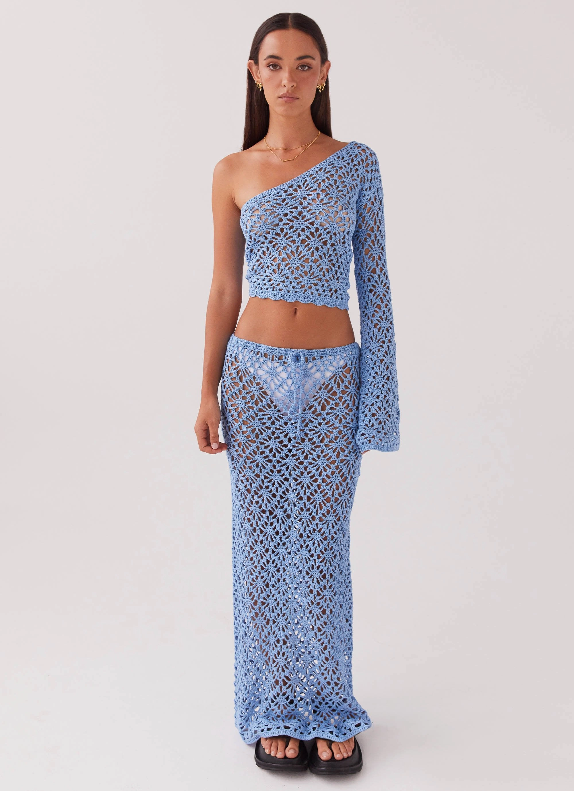 Stretch Material Crisp Finish Merliah Crochet Maxi Skirt - Blue
