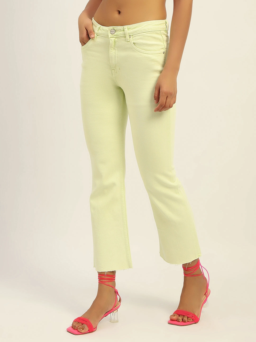 Madame Mid Rise Cotton Green Denim Evening Stroll Comfy Base Wear