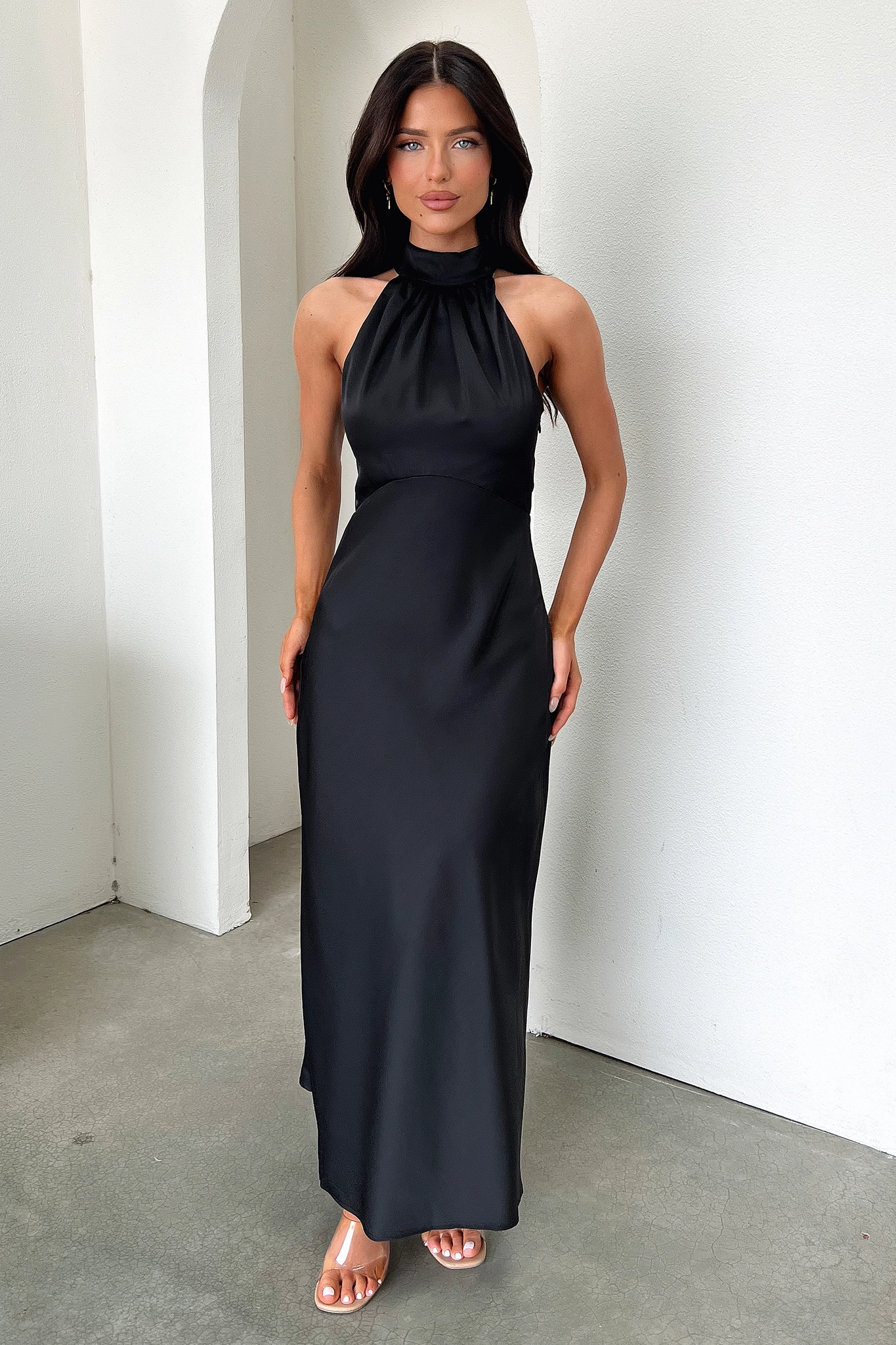Gloss Finish Tassel-Detail Daphne High Neck Maxi Dress - Black