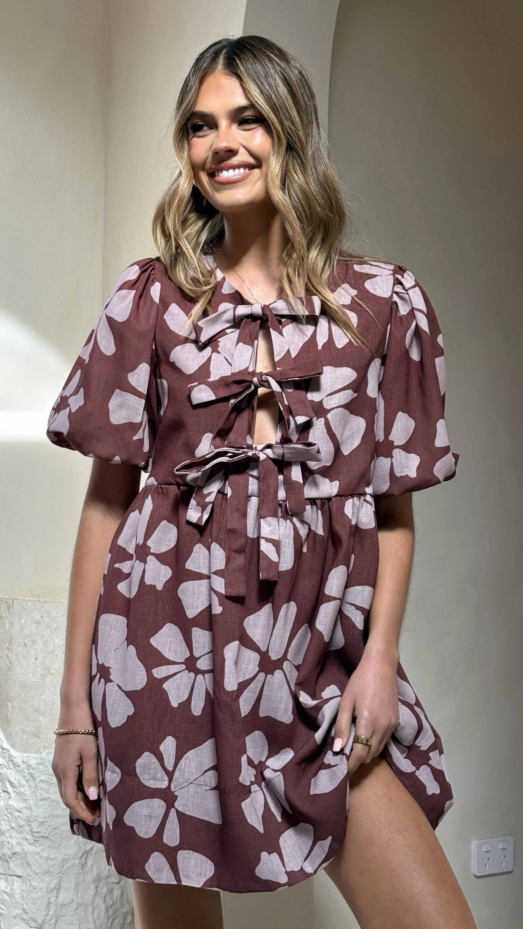 Light and Comfortable Wear Arana Mini Dress - Brown Daylillies
