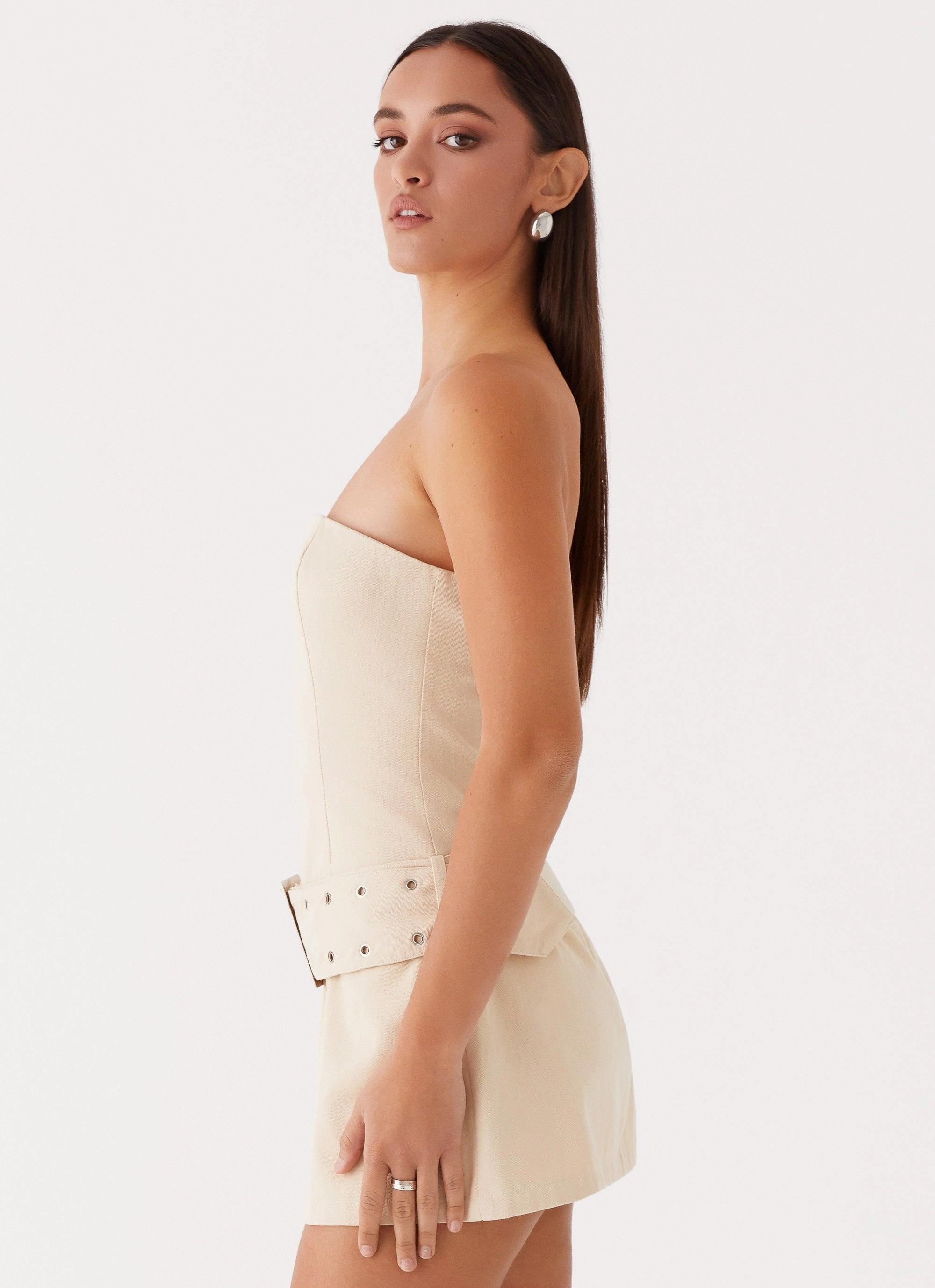 All For You Strapless Mini Dress - Ivory Chain-Detail
