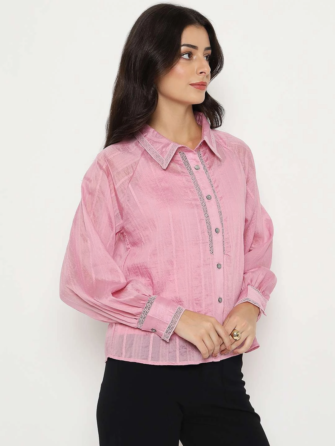 Street Wear Madame Textured Nylon Blend Pink Full Sleeve Shirt