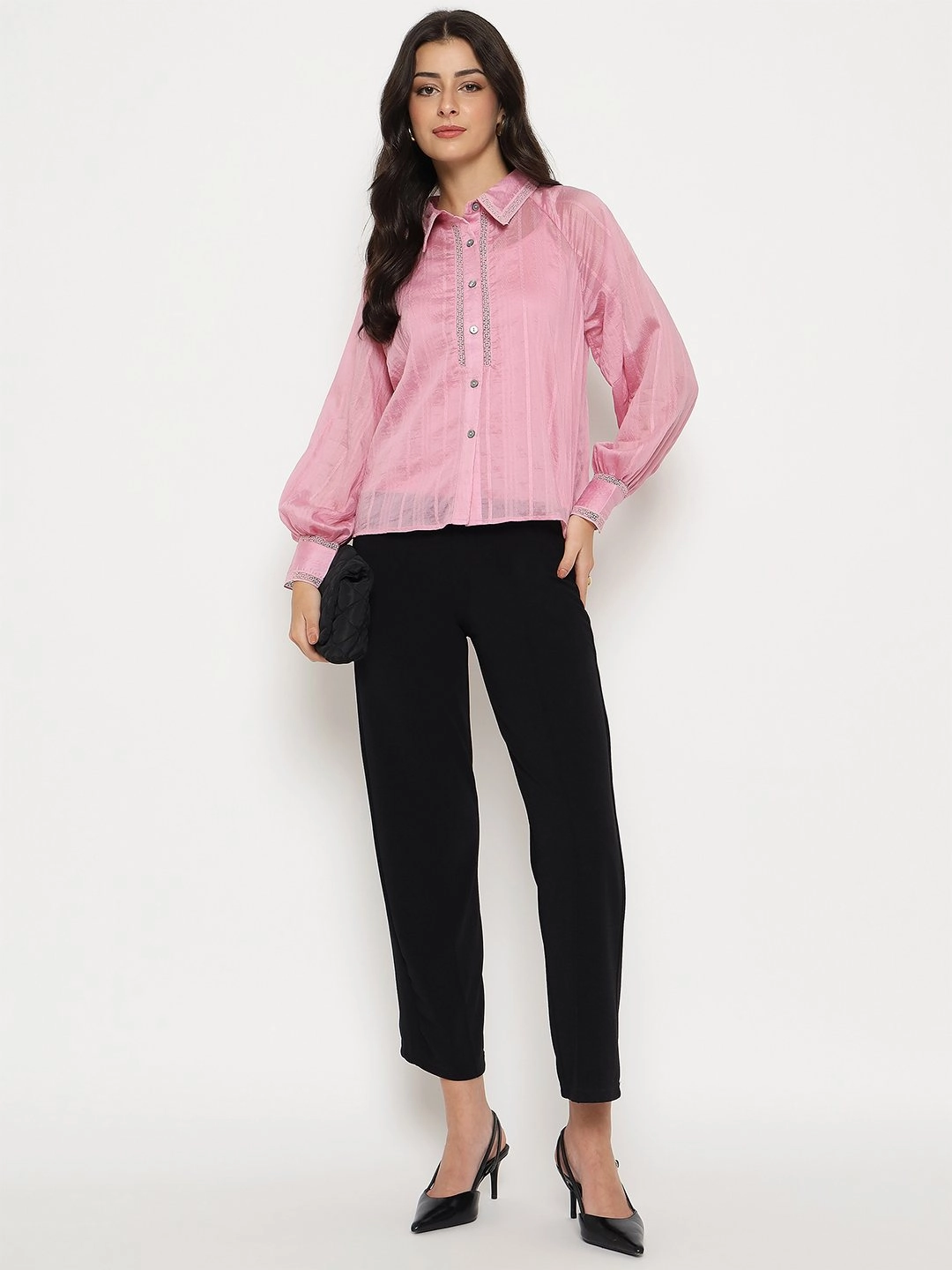 Madame Textured Nylon Blend Pink Full Sleeve Shirt Corporate Event Light Option