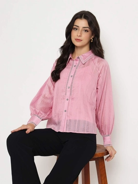 Madame Textured Nylon Blend Pink Full Sleeve Shirt Anti Pilling Treatment