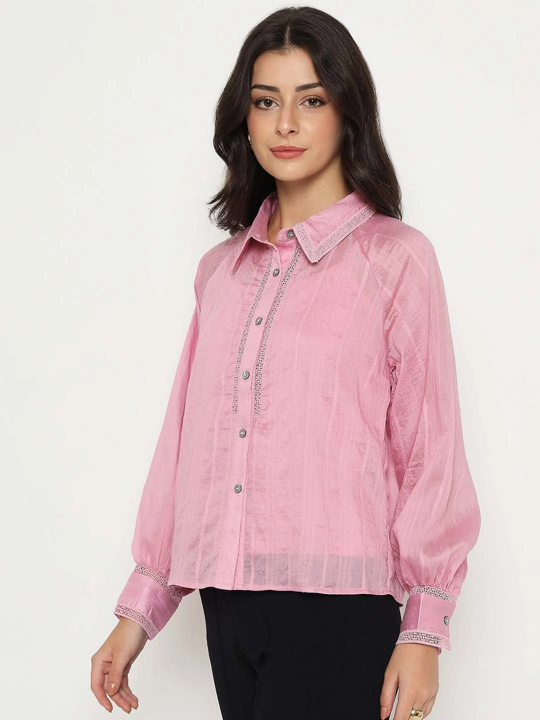 Madame Textured Nylon Blend Pink Full Sleeve Shirt Lightweight Wear