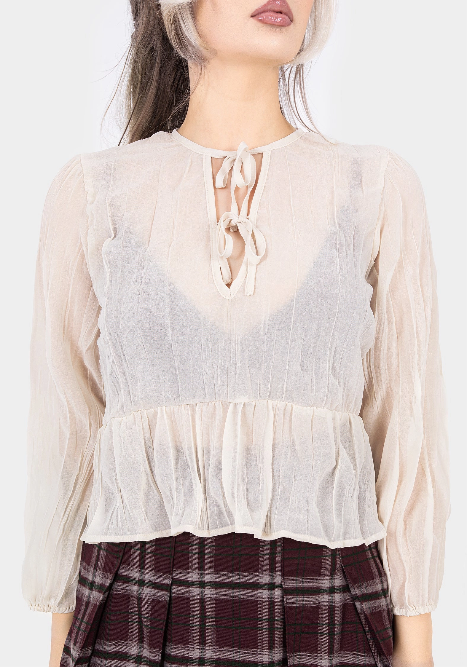 Non Restrictive Fit Villain Textured Tie Front Peplum Blouse - White