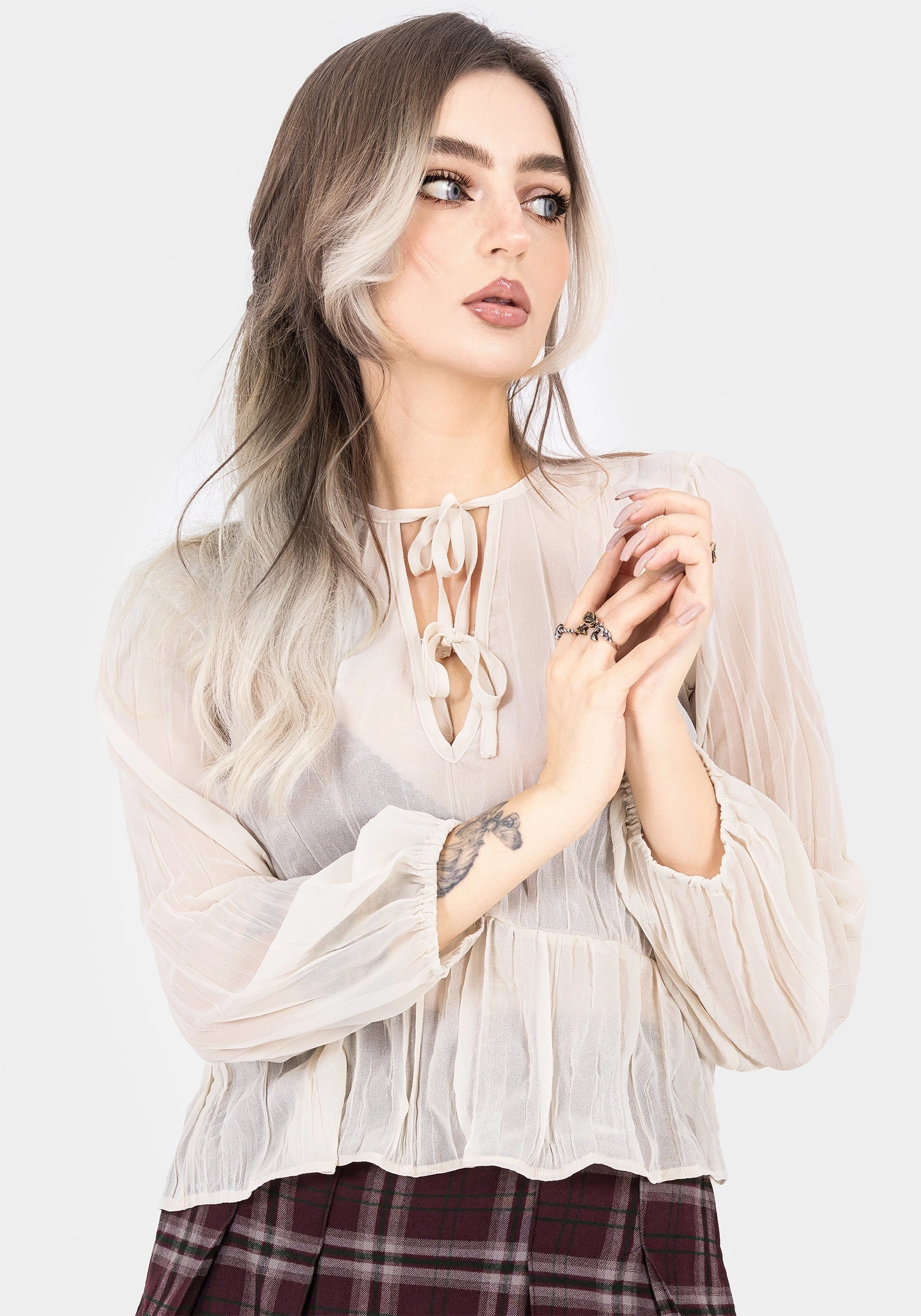 Villain Textured Tie Front Peplum Blouse - White Contrast Stitch Sheer Panel