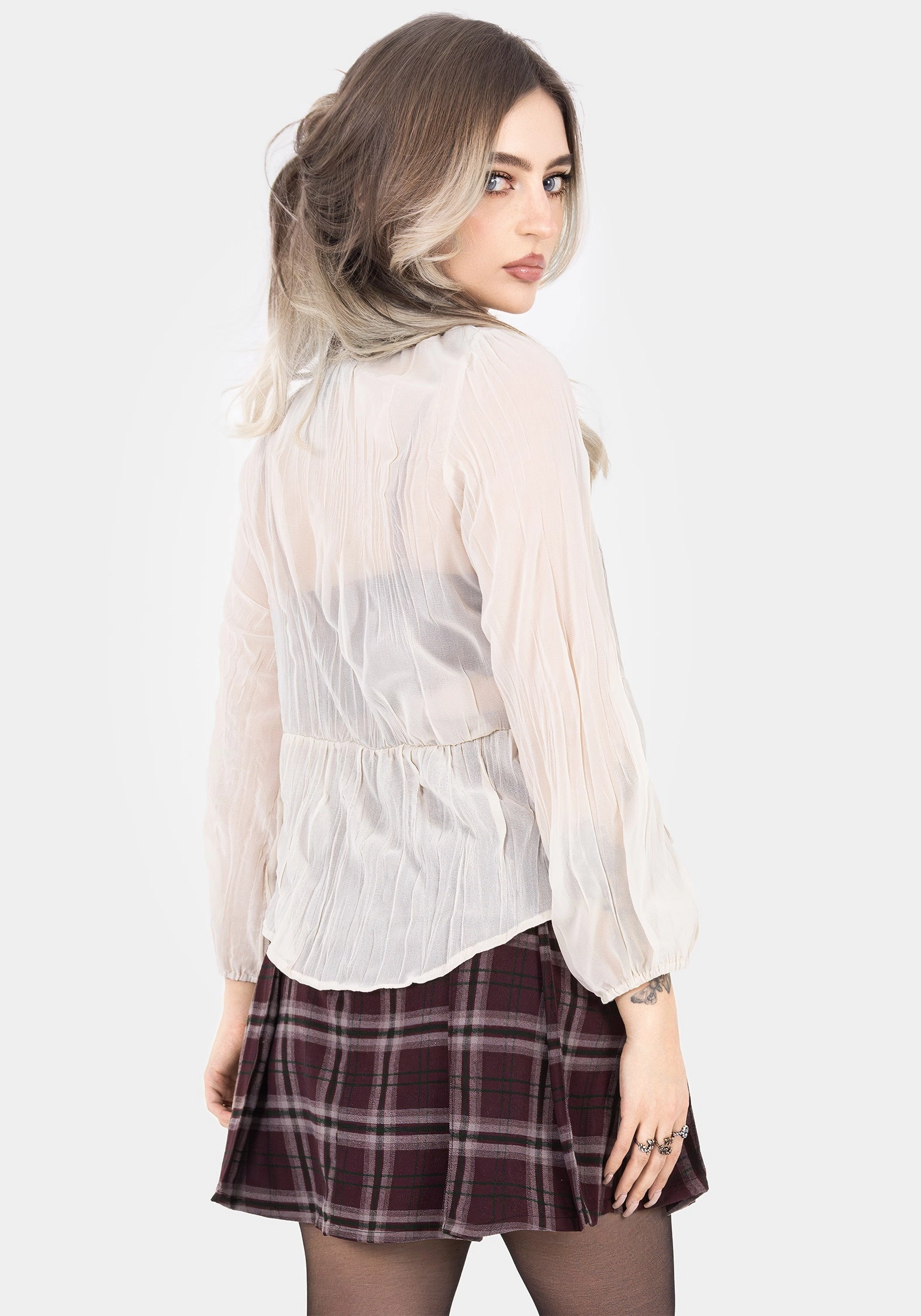 Villain Textured Tie Front Peplum Blouse - White Roll-Up Sleeve