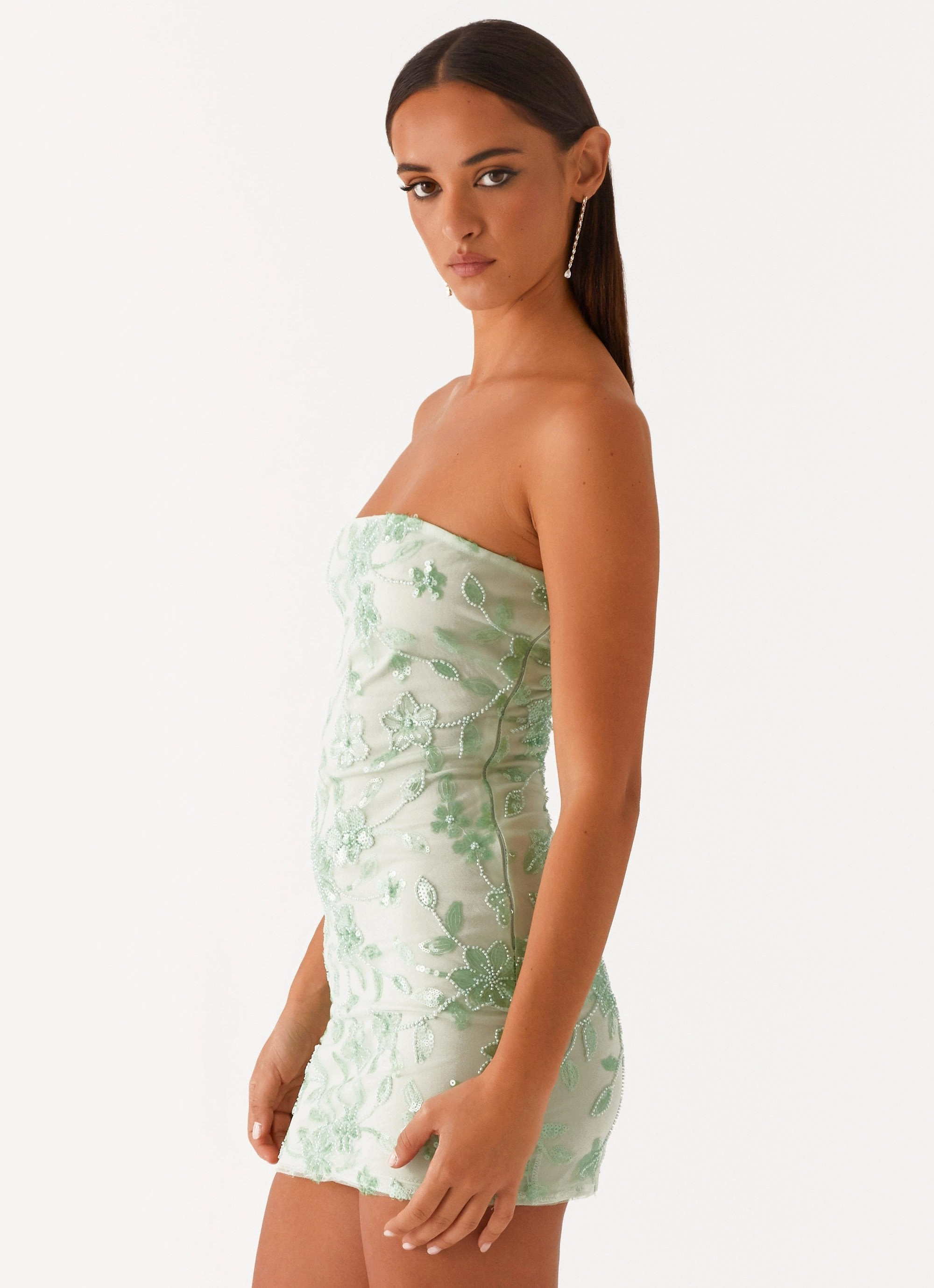 Moorey Beaded Mini Dress - Sage Grace Color Draped Silhouette