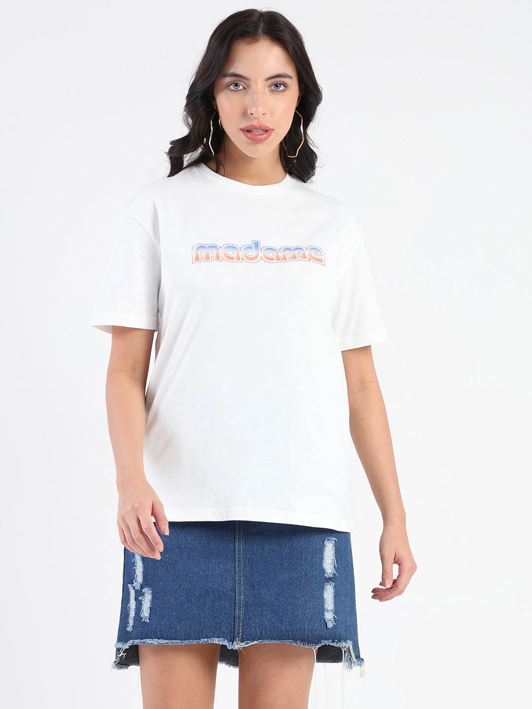 Madame Swarovski and Graphic Print White Cotton T-shirt V neck style