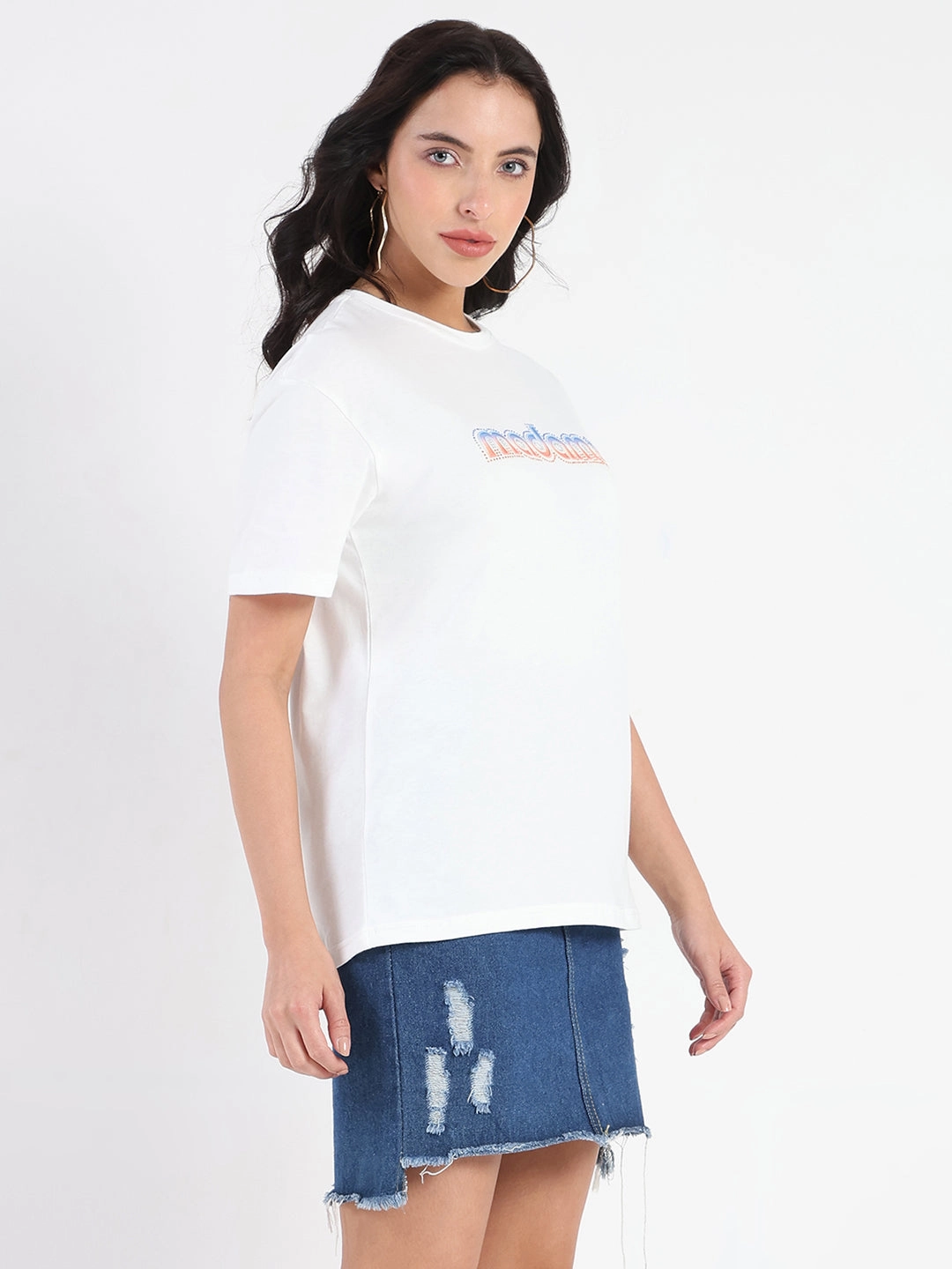 Timeless Must-Have Breathable Design Wear Madame Swarovski and Graphic Print White Cotton T-shirt