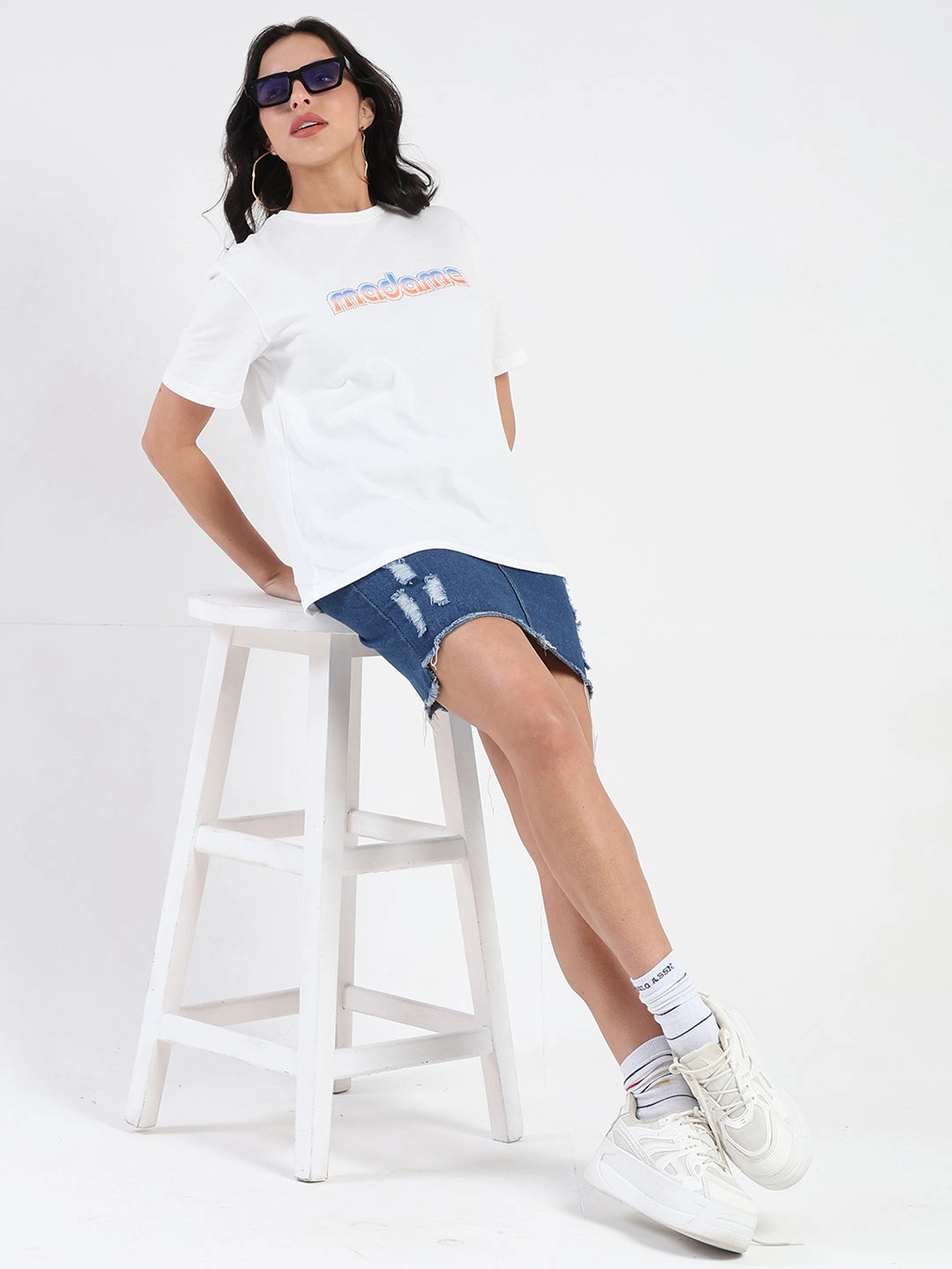 Crew neck classic Eco Friendly Dyes Madame Swarovski and Graphic Print White Cotton T-shirt