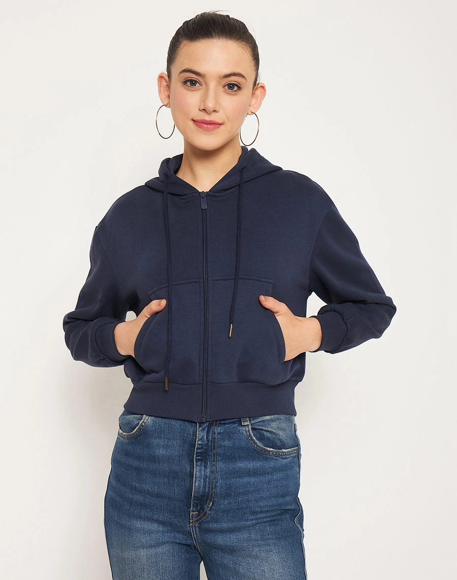 Cotton Blend Satin Lining Madame Navy Hood Neck Sweatshirt