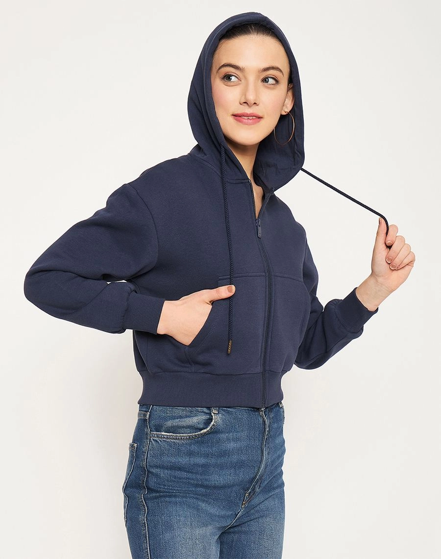 embroidery accents product satin lining luxury Madame Navy Hood Neck Sweatshirt